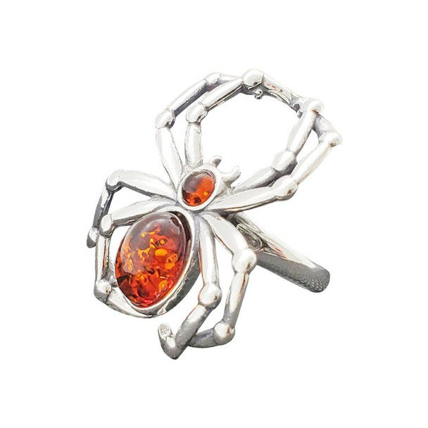 Spider Cognac Amber Sterling Silver Adjustable Ring