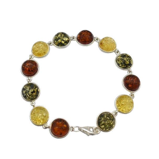 Multi-Color Amber Sterling Silver Link Bracelet (BR-MT-4536)