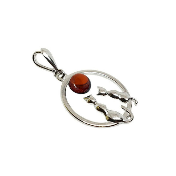 Cats Cherry Amber Sterling Silver Pendant .
