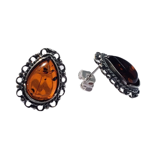 Cognac Amber Sterling Silver Stud Earrings