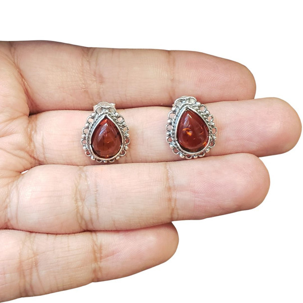 Cognac Amber Sterling Silver Stud Earrings