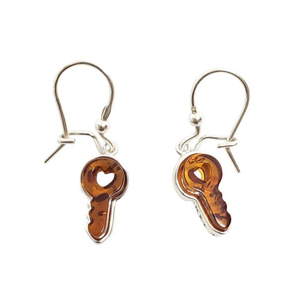 Cognac Amber Sterling Silver Key Earrings On Hooks .