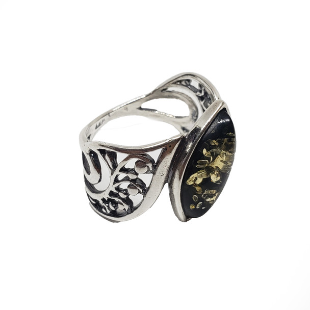 Green Amber Sterling Silver Ring .....