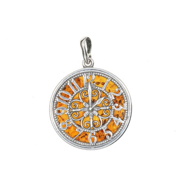 Amber Sterling Silver Clock Pendant ----