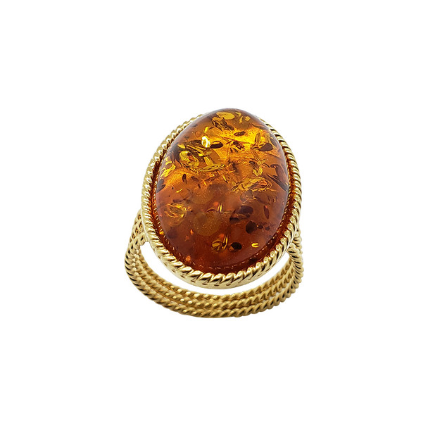 Cognac Amber Gold Plated Silver Adjustable Ring