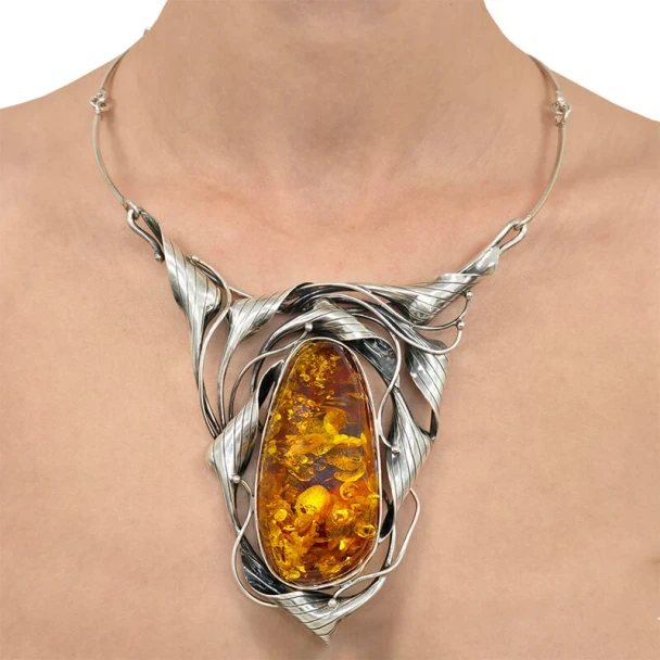 Handmade Cognac Amber Oxidized Silver Necklace