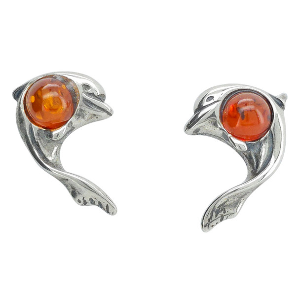 Cognac Amber Sterling Silver Dolphin Earrings