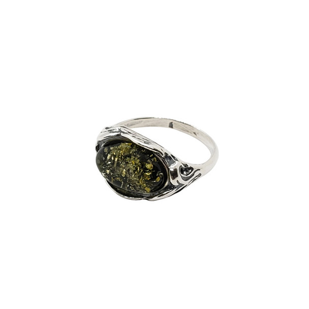 Green Amber Oxidized Silver Ring ..