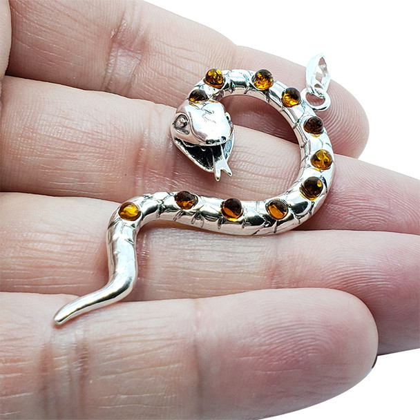 Cognac Amber Sterling Silver Snake Pendant