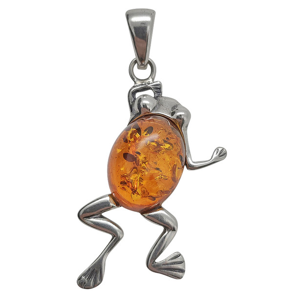 Cognac Amber Sterling Silver Frog Pendant --