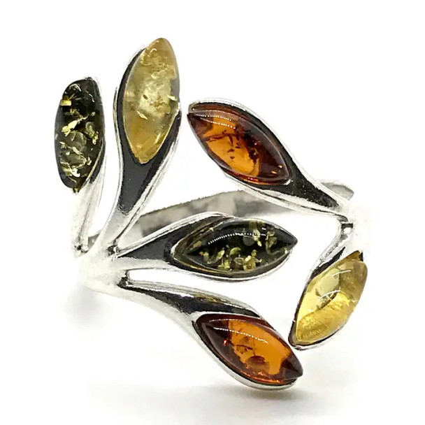 Multicolor Amber Sterling Silver Adjustable Ring