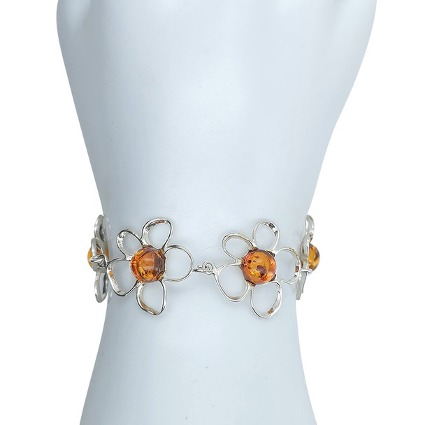 Cognac Amber Sterling Silver Flowers Link Bracelet
