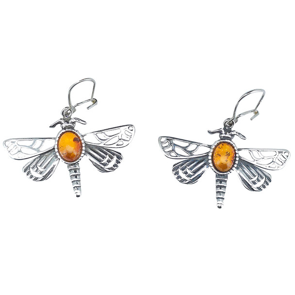 Amber Sterling Silver Dragonfly Earrings On Hooks