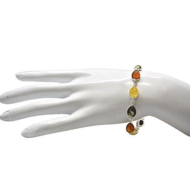 Multi-Color Amber Sterling Silver Link Bracelet (BR-MT-4531)
