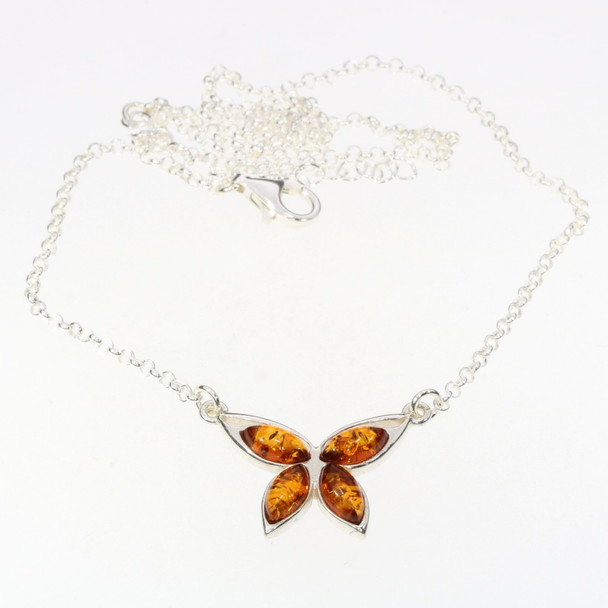 Cognac Amber Sterling Silver Butterfly Necklace ----