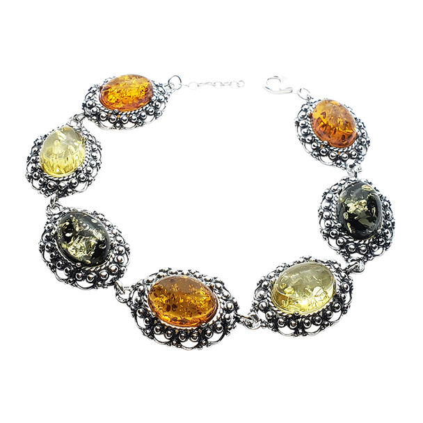 Multi-Color Amber Sterling Silver Link Bracelet BR-MT-1748-A