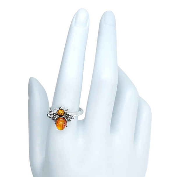 Cognac Amber Sterling Silver Bee Ring