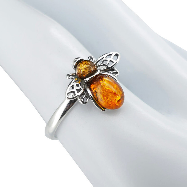 Cognac Amber Sterling Silver Bee Ring