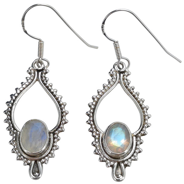 Faceted Moonstone Sterling Silver Earrings On Hooks (E-MS-4332)