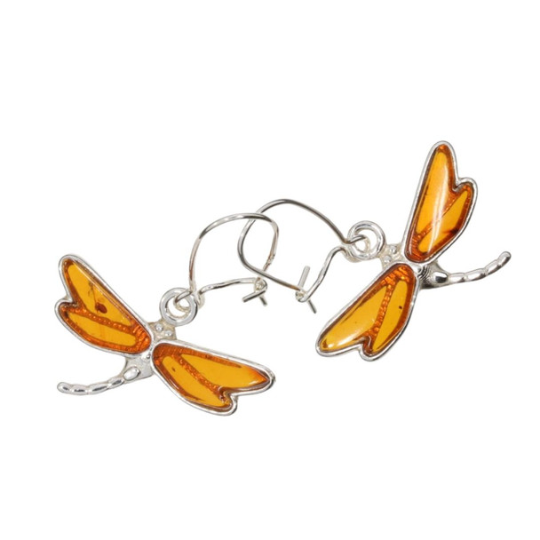 Cognac Amber Sterling Silver Dragonfly Earrings On Hooks