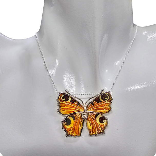 Peacock Butterfly Cameo Amber Silver Pendant