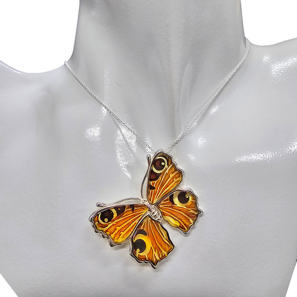 Peacock Butterfly Cameo Amber Silver Pendant