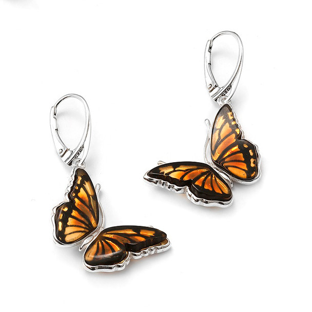 Cameo Amber Sterling Silver Monarch Butterfly Earrings On Hooks (E-CAM-4511)