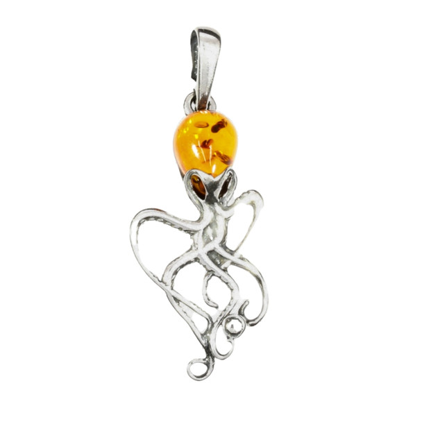 Cognac amber sterling silver small octopus pendant