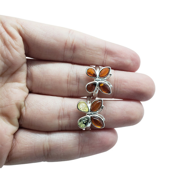 Butterfly Multicolor Amber Sterling Silver Adjustable Ring (3304)