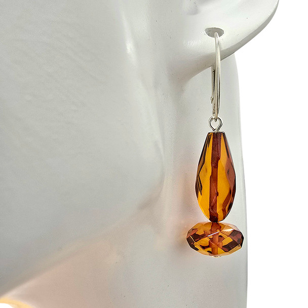 Faceted Cognac Amber Silver Earring