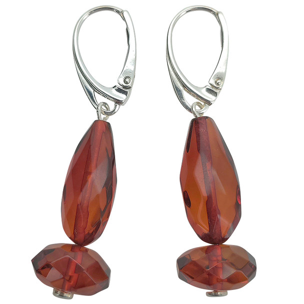 Faceted Cherry Amber Silver Earring