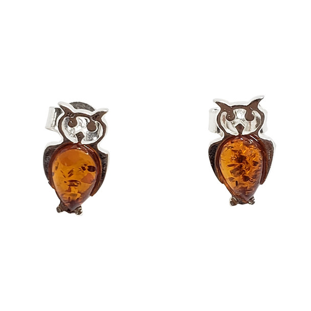 Owl Amber Sterling Silver Stud Earrings