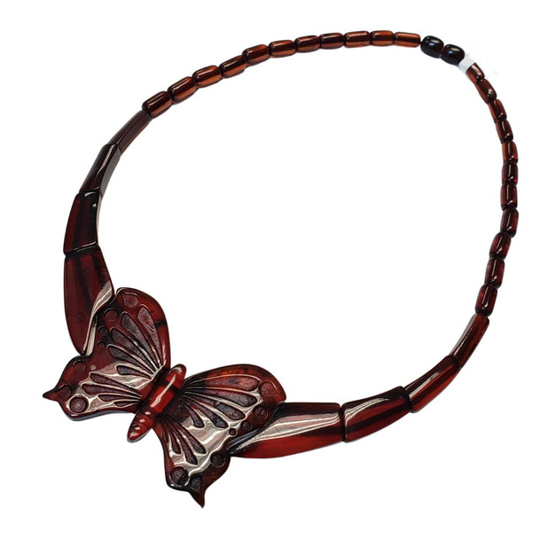 Butterfly Cherry Amber Cleopatra Beaded Necklace 18''