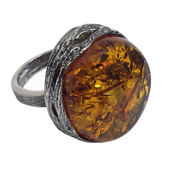 Handmade Cognac Amber Silver Adjustable Ring