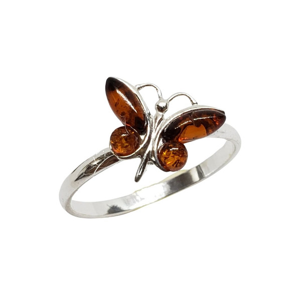 Butterfly Cognac Amber Sterling Silver Ring
