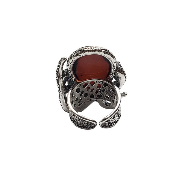 Octopus Cherry Amber Oxidized Sterling Silver Adjustable Ring