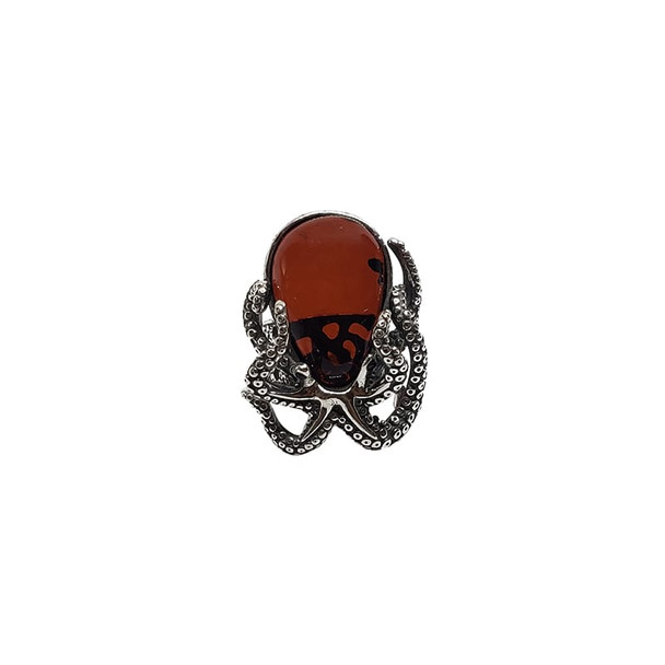 Octopus Cherry Amber Oxidized Sterling Silver Adjustable Ring