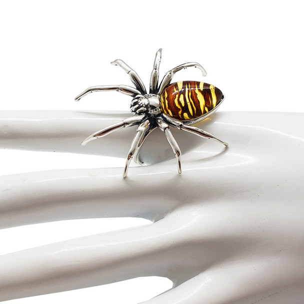 Cameo Amber Oxidized Silver Spider Adjustable Ring