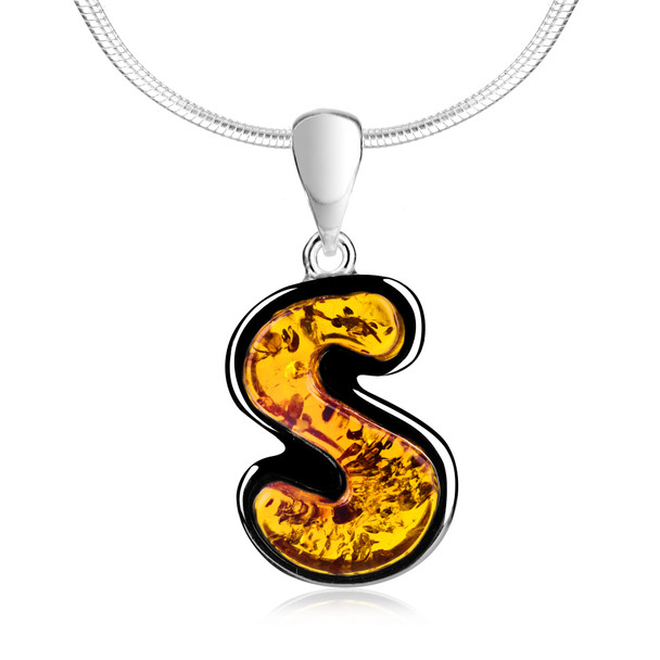 Cognac Amber Sterling Silver Alphabet Collection Letter S Pendant