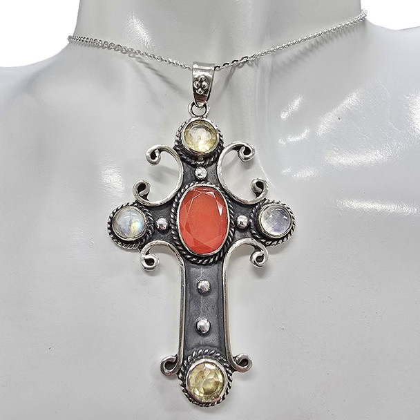 Red Onyx / Gemstones / Silver Cross Pendant