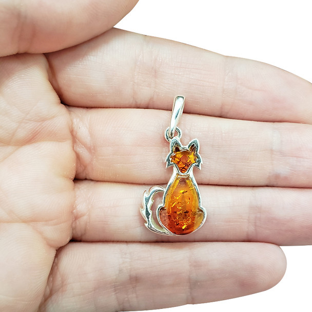 Cat Cognac Amber Sterling Silver Pendant