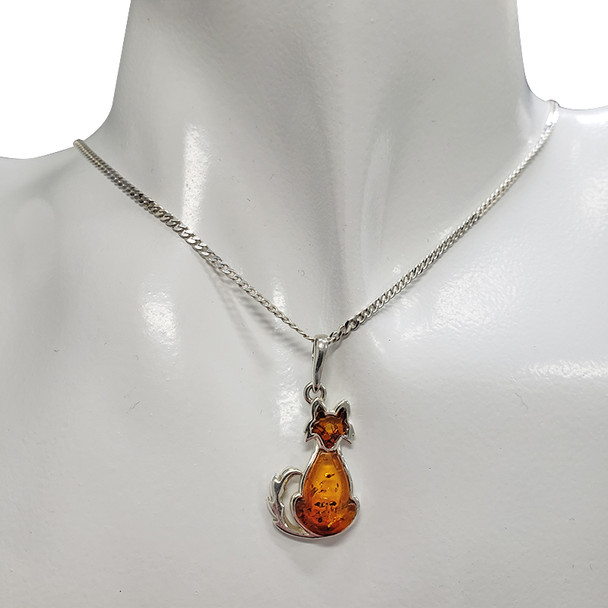 Cat Cognac Amber Sterling Silver Pendant