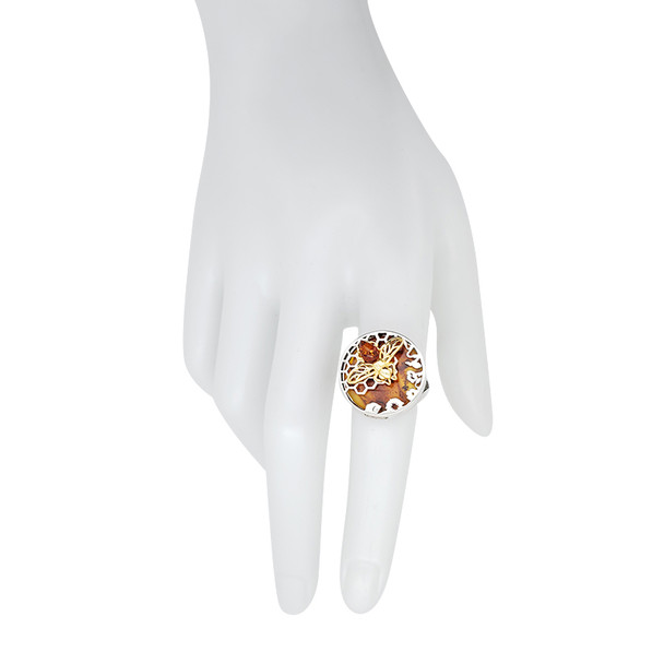 Bee Cognac Amber Silver Adjustable Ring