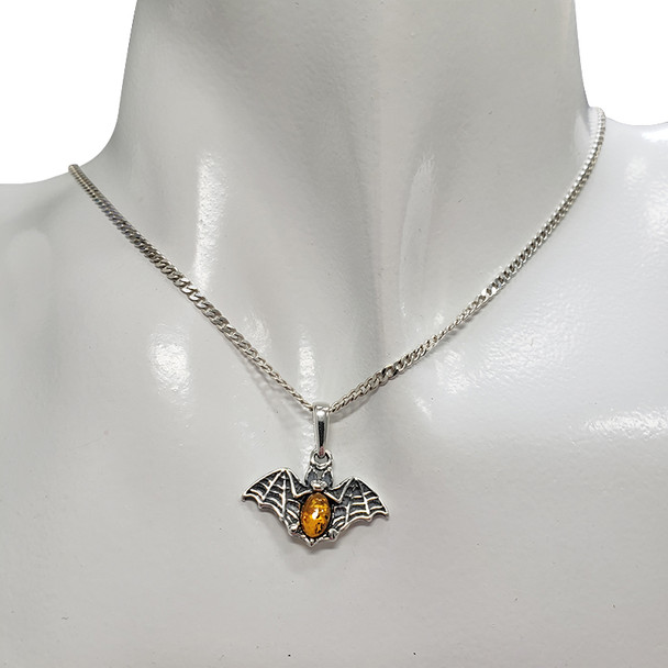 Bat Cognac Amber Silver Pendant
