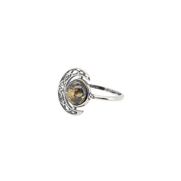 Green Amber Sterling Silver Celtic Moon Ring