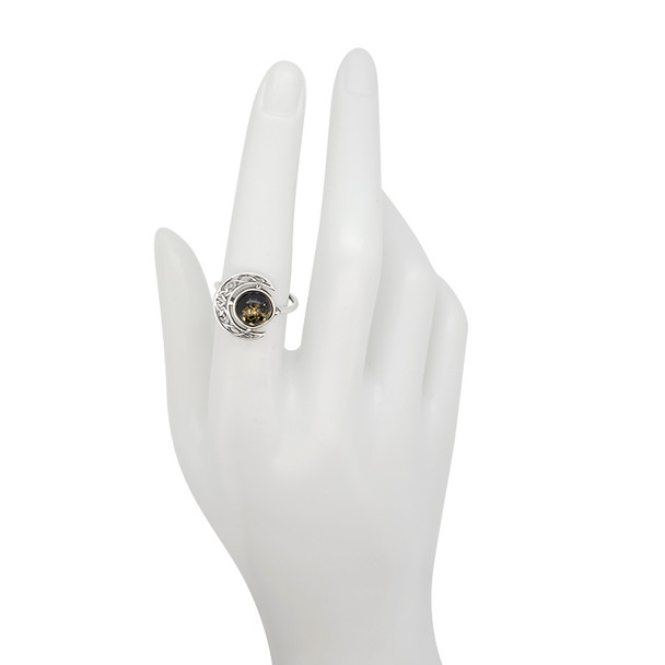 Green Amber Sterling Silver Celtic Moon Ring