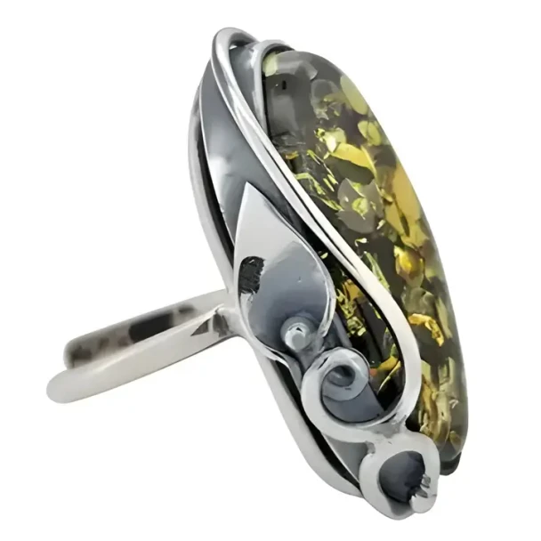 Green Amber Leaf Design Silver Adjustable Ring
