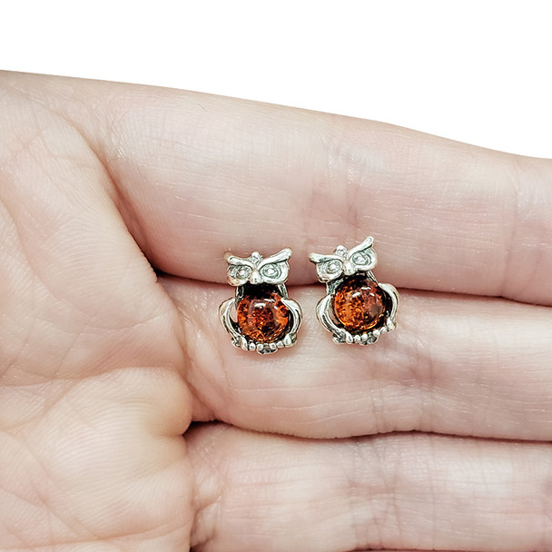 Owl Cognac Amber Sterling Silver Stud Earrings