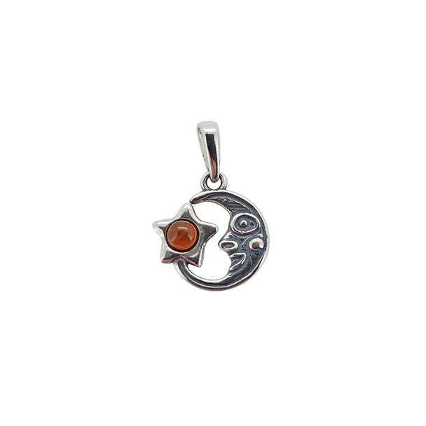 Moon And Star Cognac Amber Silver Pendant