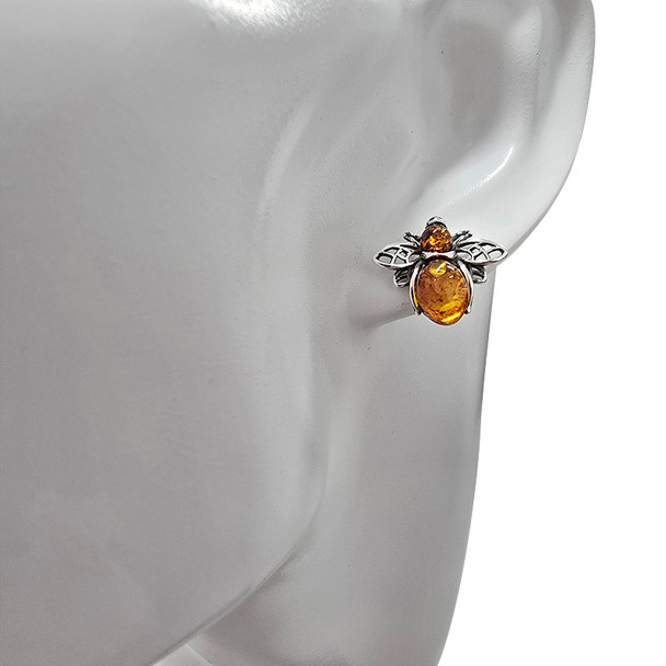 Cognac Amber Bee Silver Stud Earrings